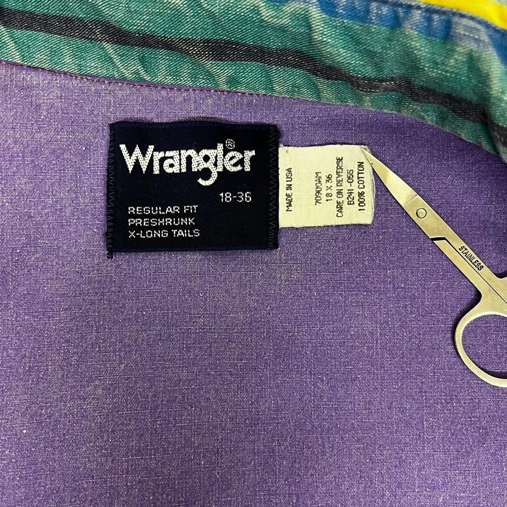 Vintage Wrangler Brushpopper Shirt Western Stripe Rodeo Cowboy- Size 18 Neck - Picture 4 of 12
